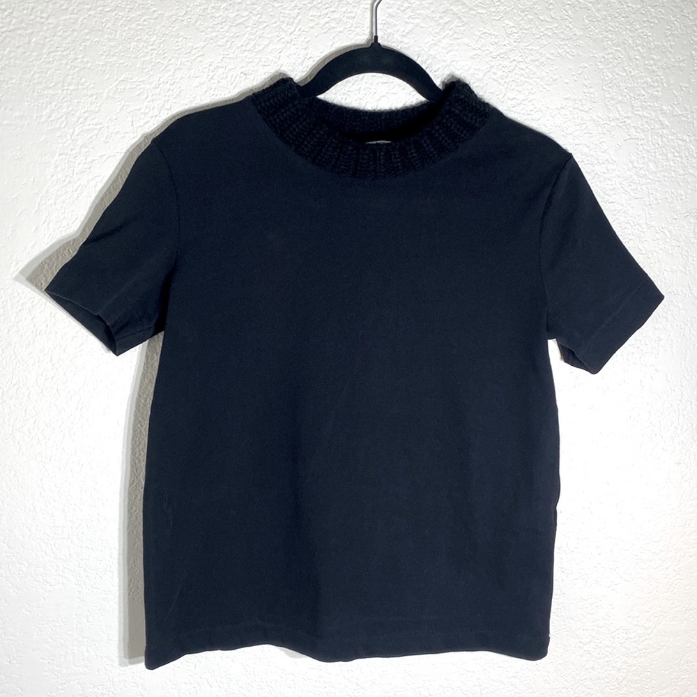 Zara Black Short Sleeve Top featuring Knitted Collar Detail Size Medium